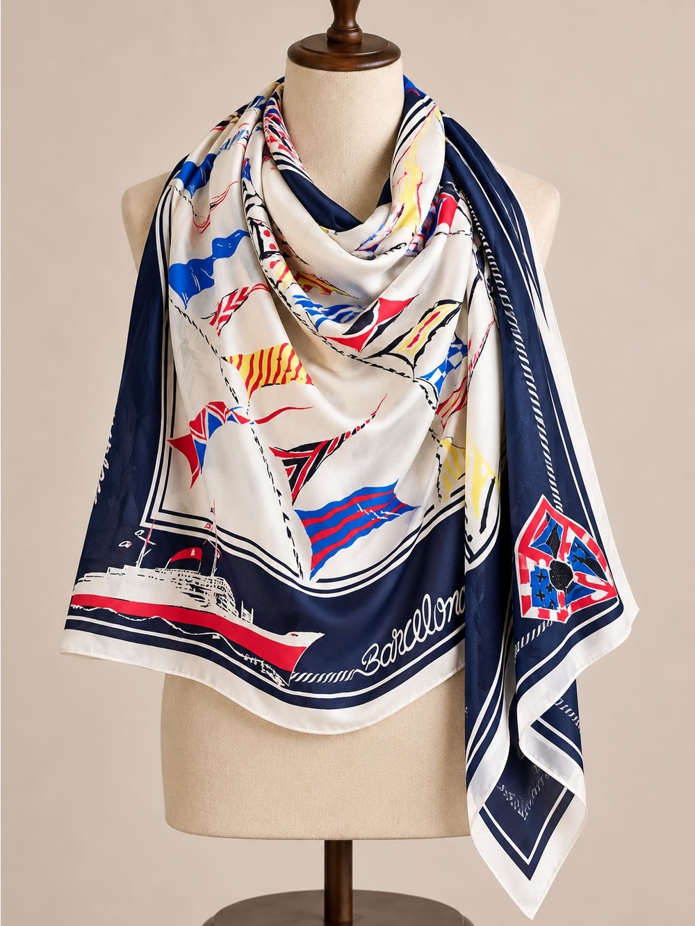Lauren Ralph Lauren Barcelona Nautical Scarf Colorful Sailboat & Flag Print